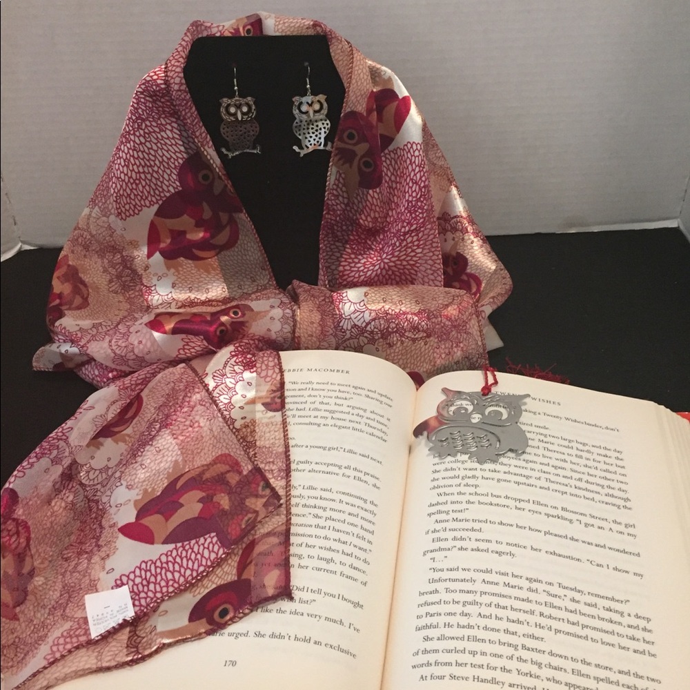 Owls set: Scarf, Laser Cut Earrings & Bookmark